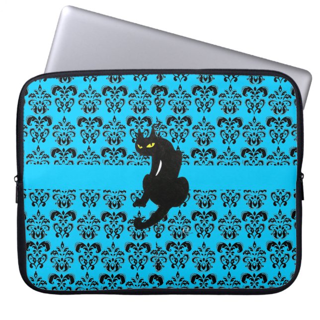 BLACK CAT DAMASK Blue Black Laptop Fodral (Framsidan)