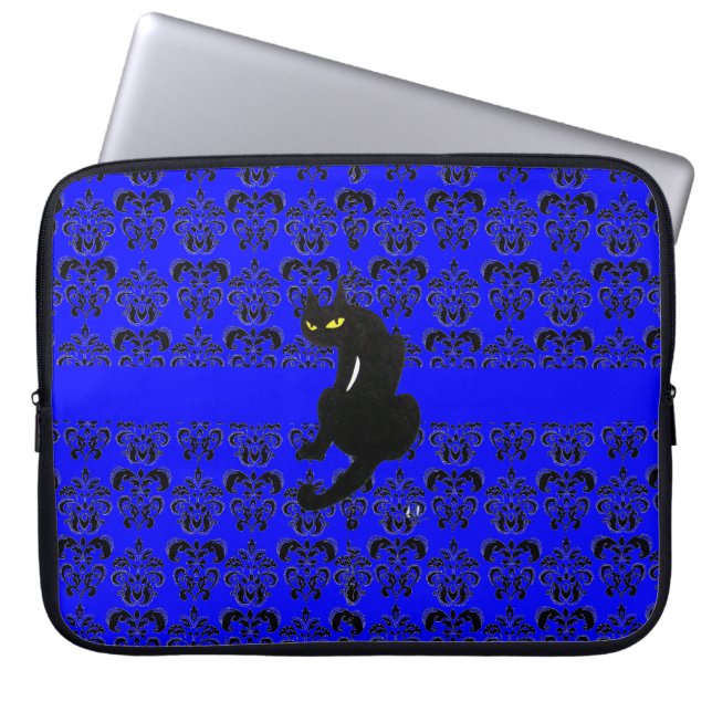 BLACK CAT DAMASK svart blå Laptop Sleeve (Framsidan)