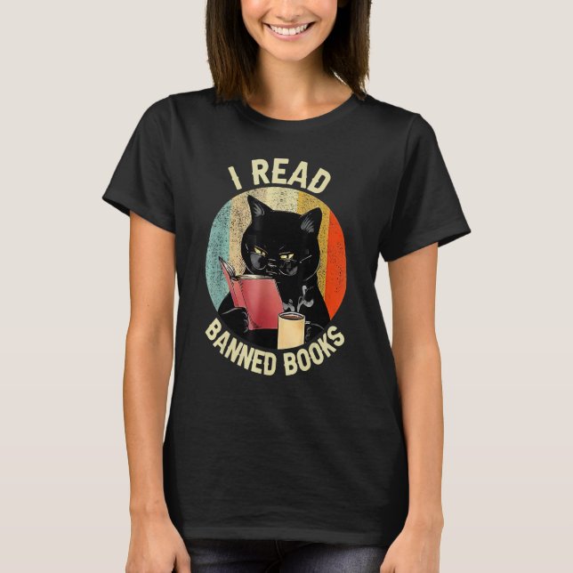 Black Cat Drink Coffee I Read Banned Bokar Bookwor T Shirt (Framsida)