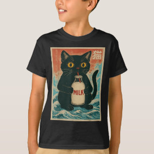 Black Cat Drink Mjölk Carton Anime Japans Funny G T Shirt