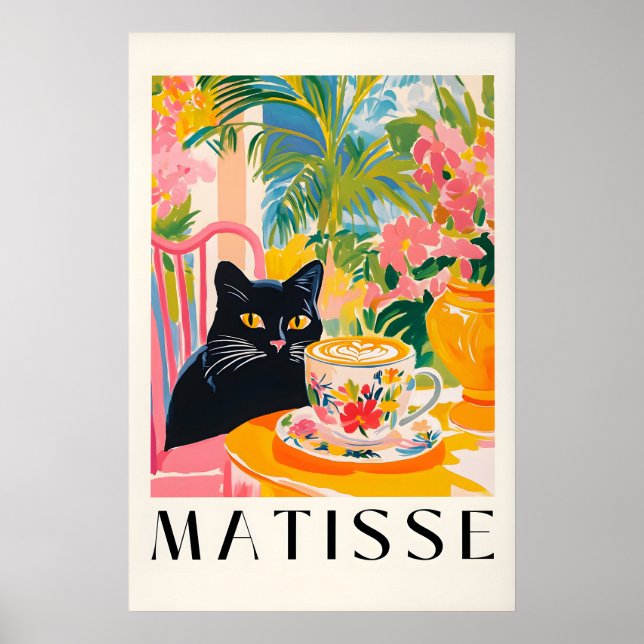 Black Cat Drinking Coffee Funny Matisse Style Poster (Framsidan)