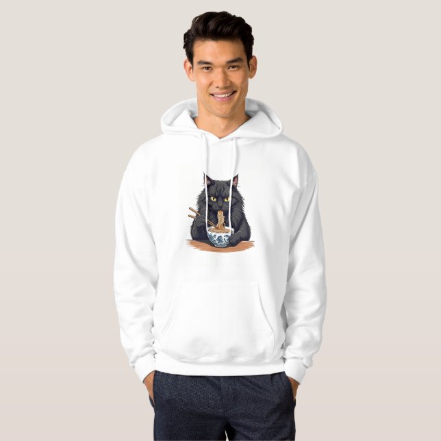 Black Cat Eating Noodles – Cute Funny Ramen Cat Hoodie (Hel framsida)