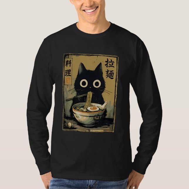 Black Cat Eating Ramen Japanese Food Noodle Kitten T Shirt (Framsida)