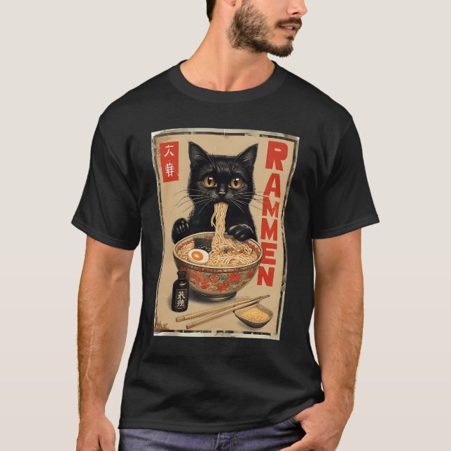 Black Cat Eating Ramen japansk Noodles Food Poste T Shirt (Framsida)