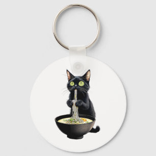 Black Cat Eating Ramen Noodles Japansk Food Nyckelring