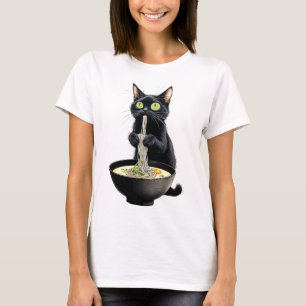 Black Cat Eating Ramen Noodles Japansk Food T Shirt