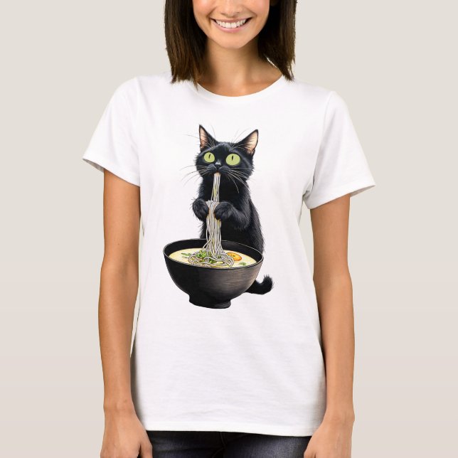 Black Cat Eating Ramen Noodles Japansk Food T Shirt (Framsida)
