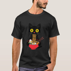 Black Cat Eating Ramen Noodles Kawaii Anime Japane T Shirt
