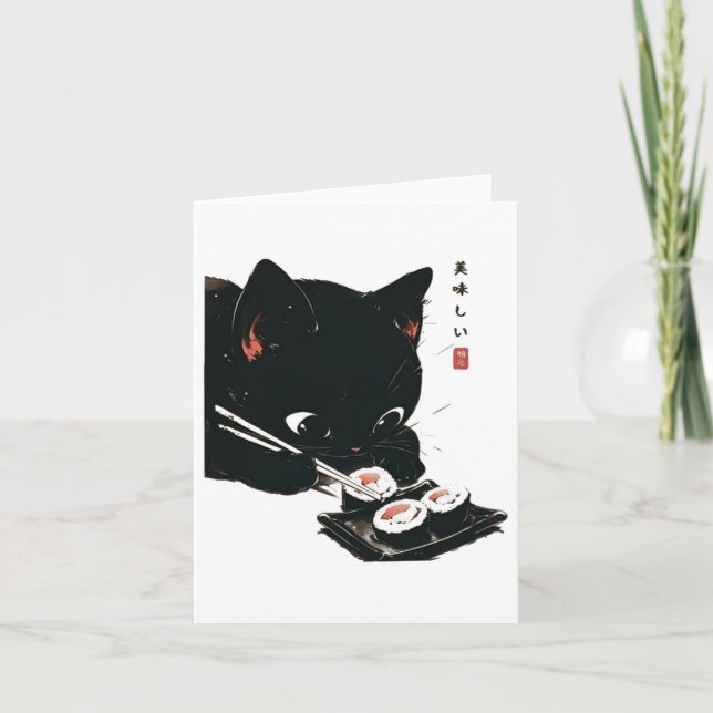 Black Cat Eating Sushi - Katt japansk konst Kort (Framsida)