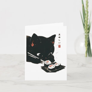 Black Cat Eating Sushi - Katt japansk konst Kort