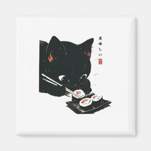 Black Cat Eating Sushi - Katt japansk konst Magnet
