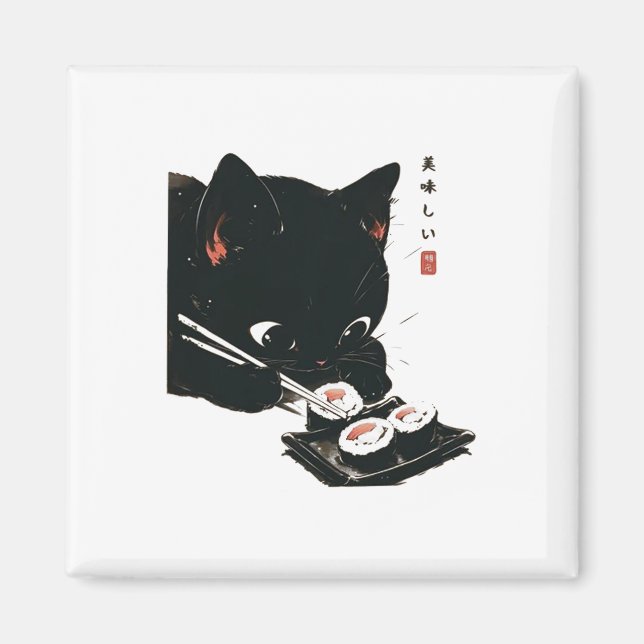 Black Cat Eating Sushi - Katt japansk konst Magnet (Framsidan)