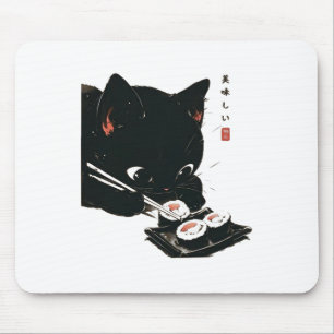 Black Cat Eating Sushi - Katt japansk konst Musmatta