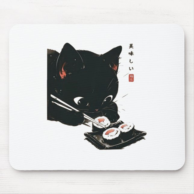 Black Cat Eating Sushi - Katt japansk konst Musmatta (Framsidan)