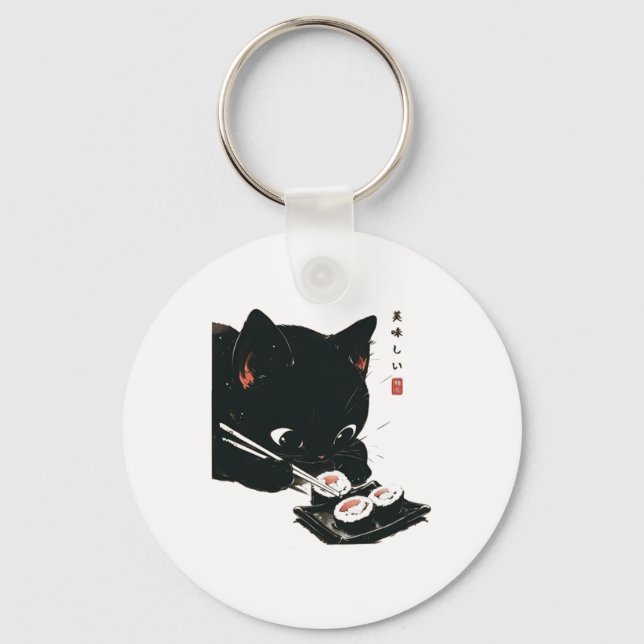 Black Cat Eating Sushi - Katt japansk konst Nyckelring (Framsida)