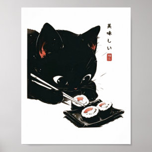Black Cat Eating Sushi - Katt japansk konst Poster
