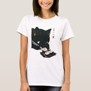Black Cat Eating Sushi - Katt japansk konst T Shirt