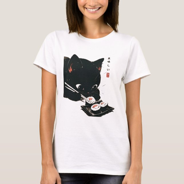 Black Cat Eating Sushi - Katt japansk konst T Shirt (Framsida)