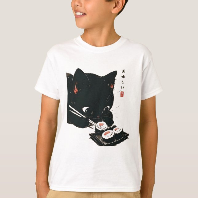 Black Cat Eating Sushi - Katt japansk konst T Shirt (Framsida)