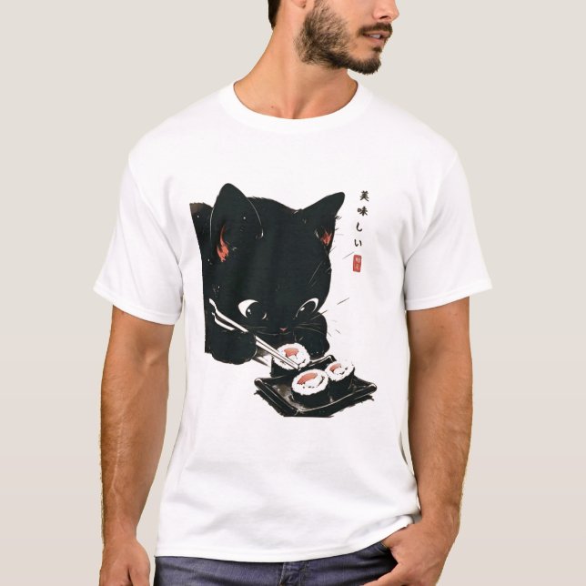 Black Cat Eating Sushi - Katt japansk konst T Shirt (Framsida)