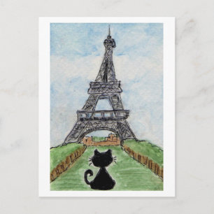 Black Cat Eiffel Torn Watercolor-vykort Vykort