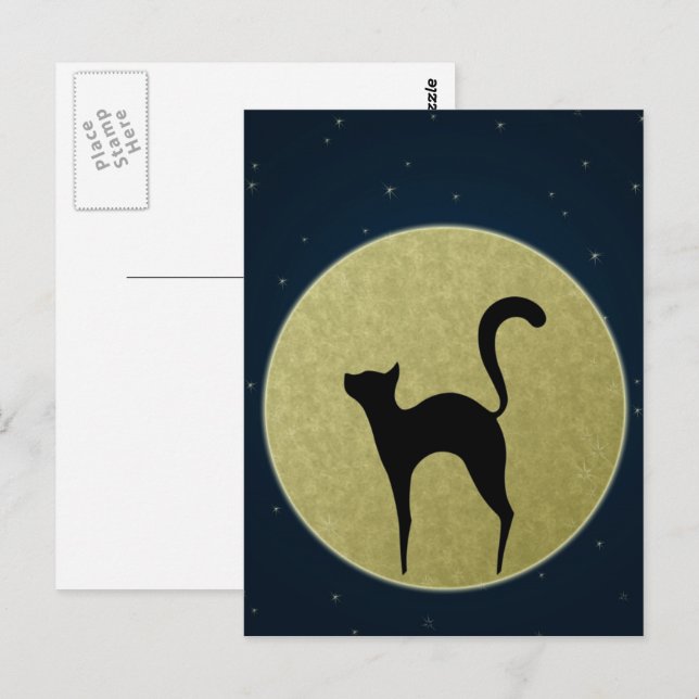 Black cat elegant silhouette och måne vykort (Fram/baksida)