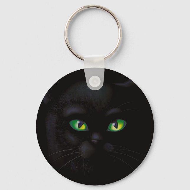 Black Cat Emerald Grönt Öga Familiar Keychain Nyckelring (Framsida)