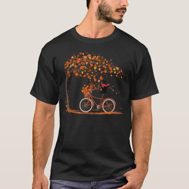 Black Cat Fall Bicycle Leaves Fall Autumn Hallowee T Shirt (Framsida)