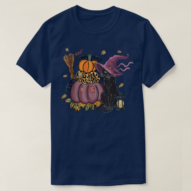 Black Cat Fall, Black Cat Pumpkin Autumn Hallowee T Shirt (Design framsida)