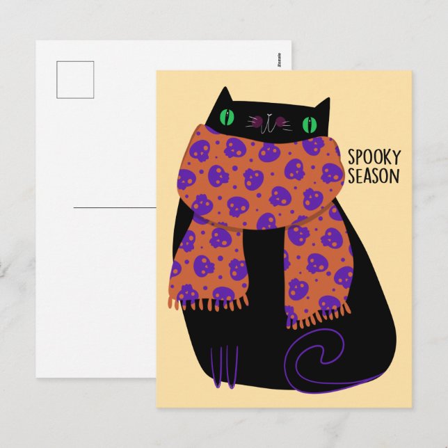 Black Cat Fall Season Halloween Spooky Cute Helg Vykort (Fram/baksida)