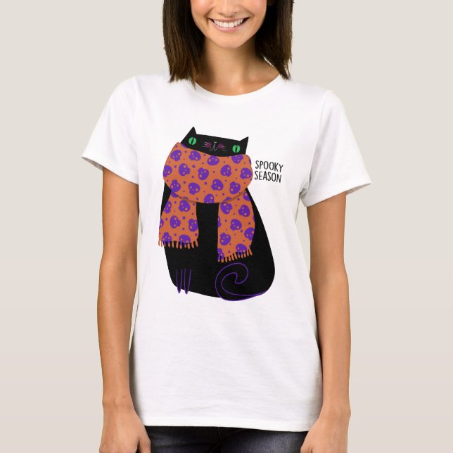 Black Cat Fall Season Halloween Spooky Cute T Shirt (Framsida)