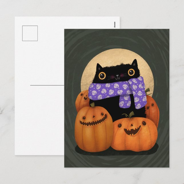 Black Cat Fall Season Happy halloween Helg Vykort (Fram/baksida)