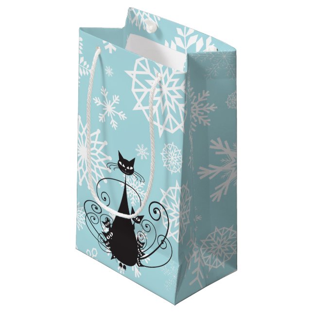 Black Cat Family White Snöflingor på Blue Gift Bag (Framsidan Vinklad)