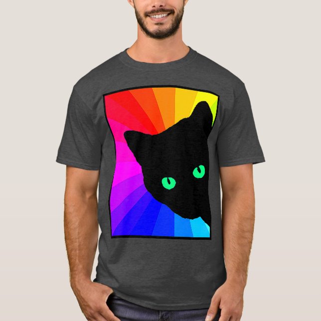 Black Cat Färg Prism Grönt Ögon Cat Lover T Shirt (Framsida)