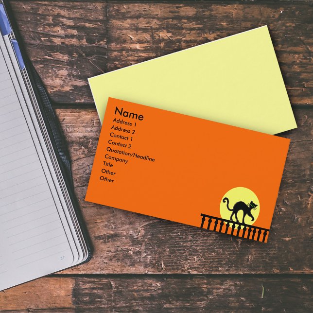 Black Cat Fence Måne Visitkort (Black Cat on Fence with yellow full moon on vibrant orange business card.)