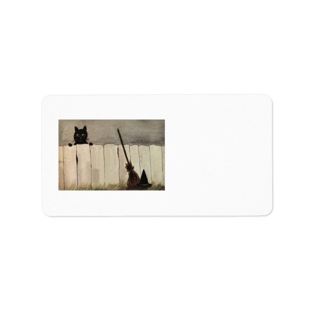 Black Cat Fence Witch's Broom Hat Adressetikett (Framsidan)