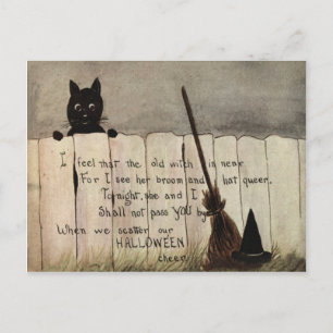 Black Cat Fence Witch's Broom Hat Vykort