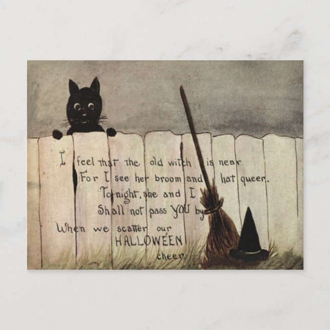 Black Cat Fence Witch's Broom Hat Vykort (Framsida)