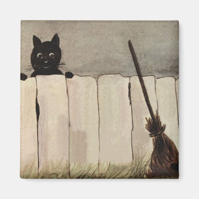 Black Cat Fence Witch's Broom Magnet (Framsidan)