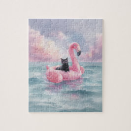 Black Cat Flamingo Flyter med vit vattenfärg Pussel