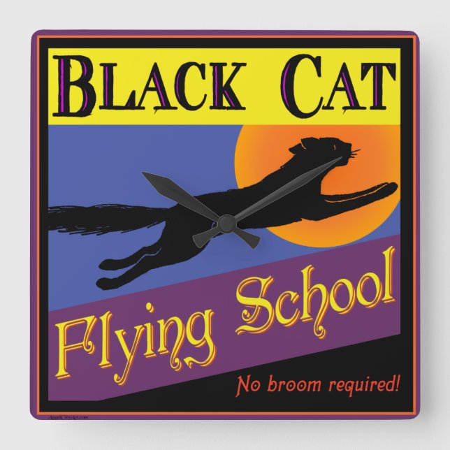 Black Cat Flies School Halloween Clock Fyrkantig Klocka (Framsida)