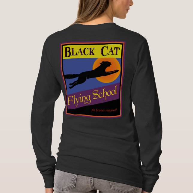Black Cat Flies School Retro Halloween T-shirt (Baksida)