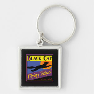 Black Cat Flies School Vintage Halloween Art Fyrkantig Silverfärgad Nyckelring
