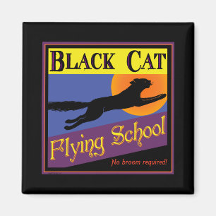 Black Cat Flies School Vintage Halloween Art Magnet