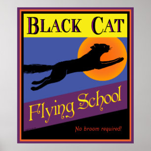 Black Cat Flies School Vintage Halloween Poster