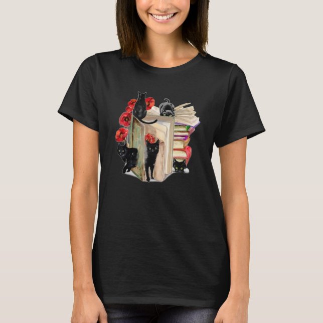 Black Cat Flower Books T Shirt (Framsida)