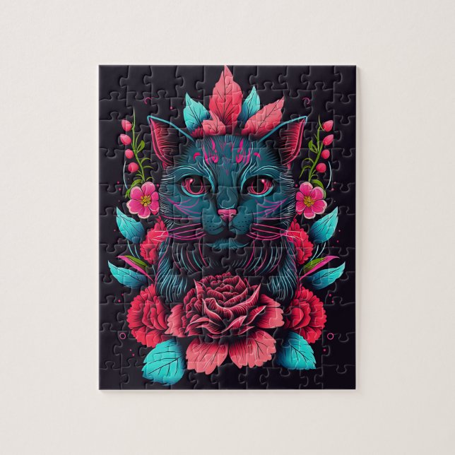 BLACK CAT FLOWERS FANTASY JIGSAW PUZZLE PUSSEL (Vertikal)