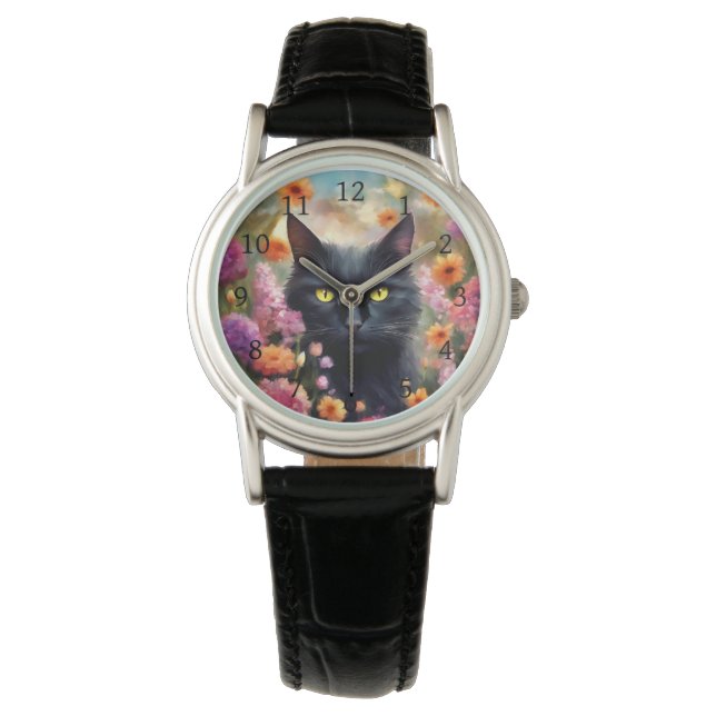 Black Cat Flowers Garden Cat 736 Armbandsur (Framsida)