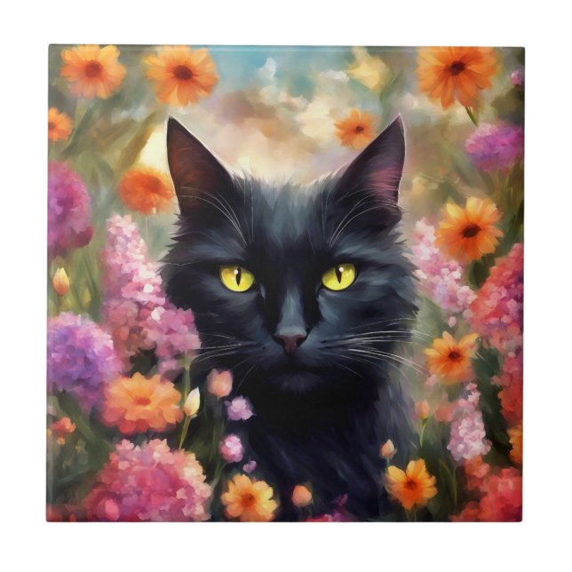 Black Cat Flowers Garden Cat 736 Kakelplatta (Framsidan)
