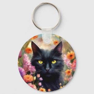 Black Cat Flowers Garden Cat 736 Nyckelring